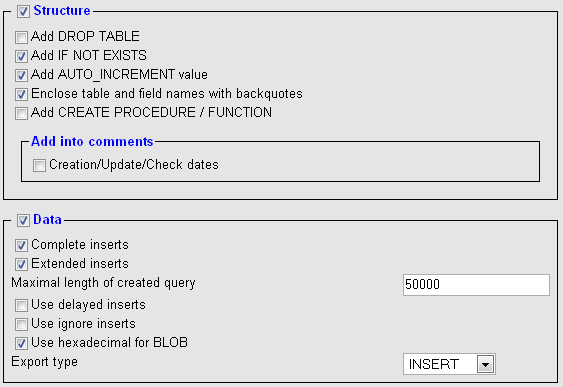 экспорт БД настройки phpmyadmin