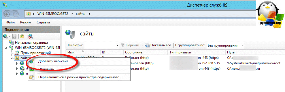 добавление сайта iis