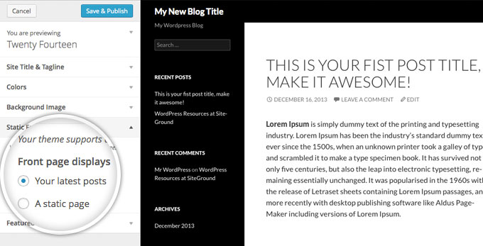 Группа настроек Static Front Page в теме Twenty Fourteen на WordPress