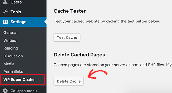 Удаление кэша в WP Super Cache