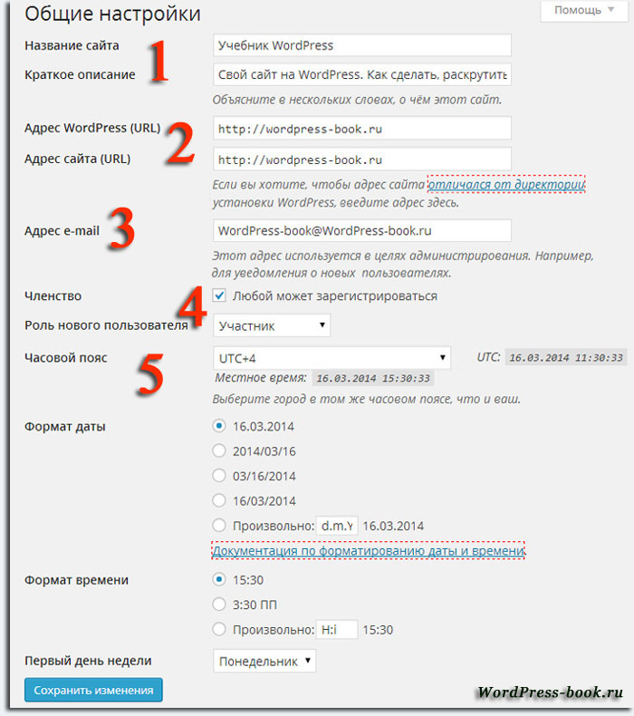 Общие настройки WordPress