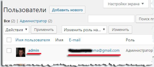 Имя (логин) и Email администратора сайта WP